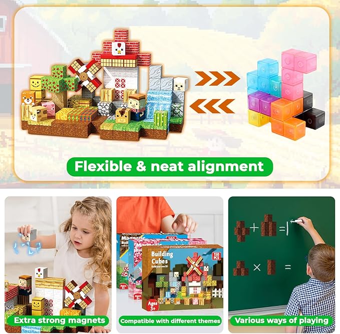 150 PCS Magnetic Blocks - Farm Animals Magnetic Building Blocks Cubes & Magnet Toys, Stacking Magnets, STEM Toys for School Acitivities, Ideal Christmas Birthday Gifts for Boys Age 3+ Years Old