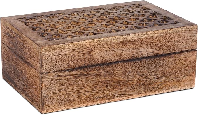 Mela Artisans Wooden Keepsake Box | Medium Burnt Mango Wood Memory & Photo Storage Box with Hinged Lid | Decorative Storage Box | Large | 9x6x3.5 Inch