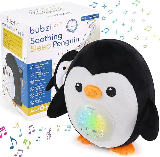 Bubzi Co Sound Machine & Shusher, Portable Penguin Soother & Night Light Projector, White Noise Sleep Aid for Infants & Toddlers