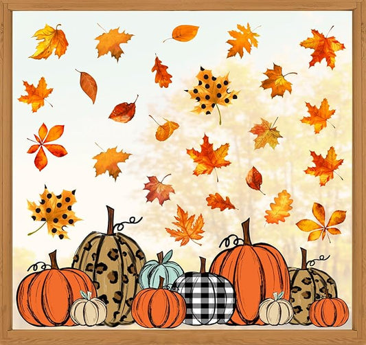 Whaline 138Pcs Fall Window Clings Thanksgiving Autumn Harvest Colorful Pumpkin Leaves Window Decals for Autumn Thanksgiving Home School Office Party Supplies Gifts
