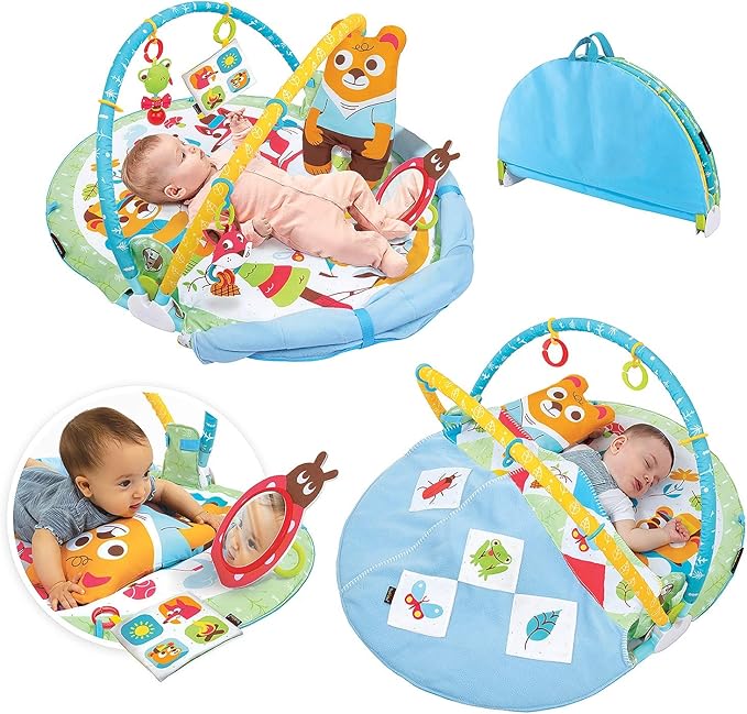 Yookidoo Baby Gym Play 'N’ Nap. 3-in-1 Activity Playmat with Foldable Infant Blanket. Tummy Time Pillow & Mirror, Sensory Toys and Newborn Rattle for 0-12 Months.