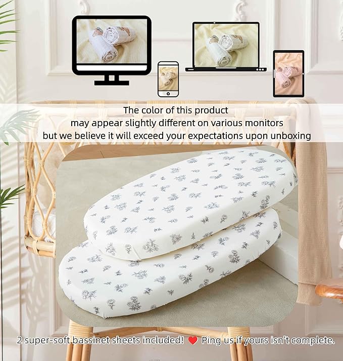SDY Floral Bassinet Sheets 2pk Microfiber Jersey Bassinet Fitted Sheets for Boys Girls,for Rectangle, Round, Oval, Hourglass Mattress 32 "x 16"x 4"