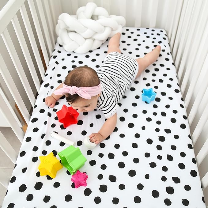 Crib Sheet Set | Toddler Sheet Set 2 Pack 100% Jersey Cotton Black and White Abstract Stripes and Dots