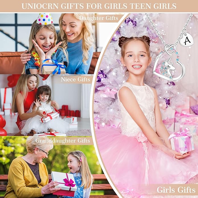 Hidepoo Unicorn Necklace Gifts for Girls - Colorful CZ Heart Pendant Initial Unicorns Necklaces for Teens Little Girls Jewelry Birthday Gift for Girl Daughter Granddaughter Niece