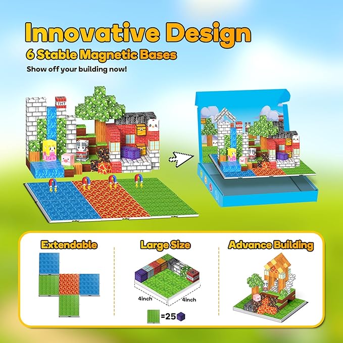 150PCS Magnetic Building Blocks - 6 Big Magnetic Base Building STEM Toys, Magnet Cube Game for Kids, Build Mine Castle Volcano World for Boys Girls Age 3-5 4-8 8-12, Sensory Outdoor Travel Toys Gifts
