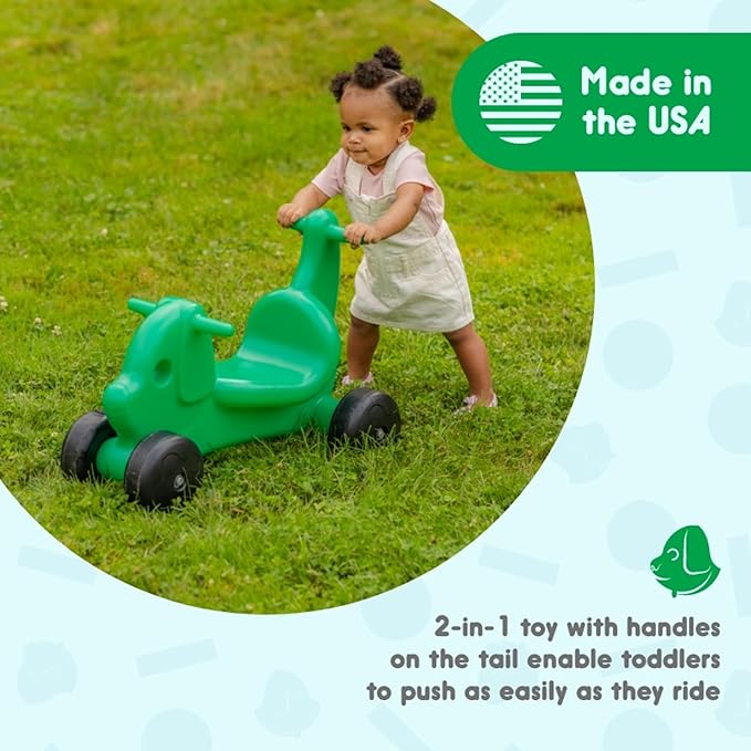 Careplay 2-in-1 Puppy Push & Ride-on Toy, Indoor & Outdoor Use, Low Profile Seat, Recommended for Children up to 50lbs, Durable Construction, Made in The USA (Green)