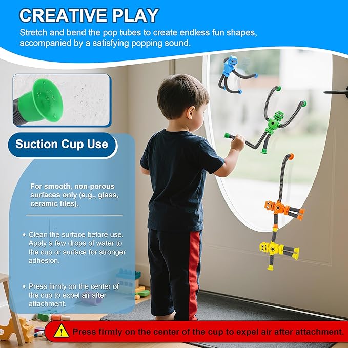 Robot Suction Cup Toys Pop Tubes | 6 PCS-Stretchy Sensory Fidget Toys for Kids Ages 3+ | Perfect for Travel, Party Favors,Autism, Stress Relief | Fun Robot-Shaped Suction Cup Toys