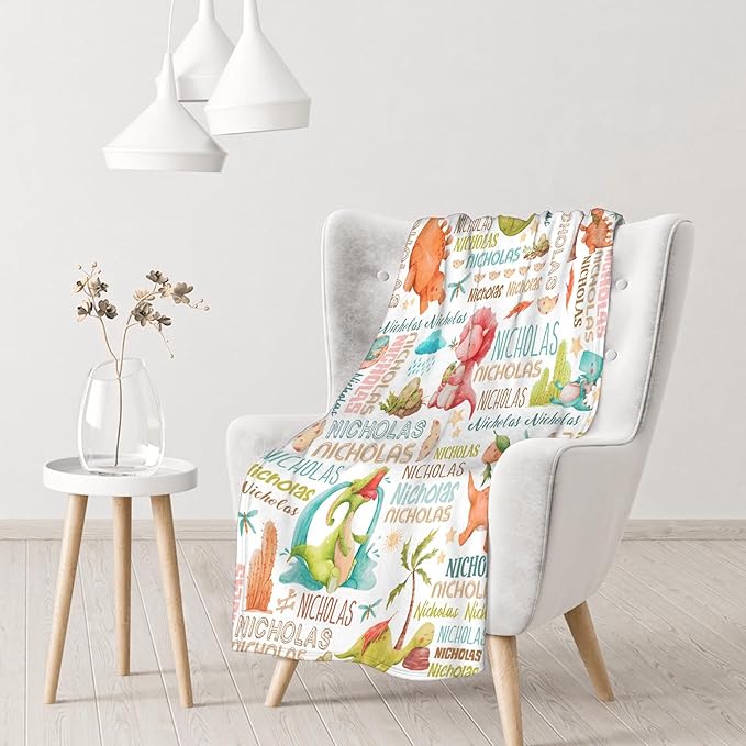 Personalized Baby Blanket for Girls Boys Kids Dinosaur Custom Baby Blanket with Name Throw Birthday Gift for Toddlers Infants Shower Newborns Nursery Stroller Crib Bed Decor