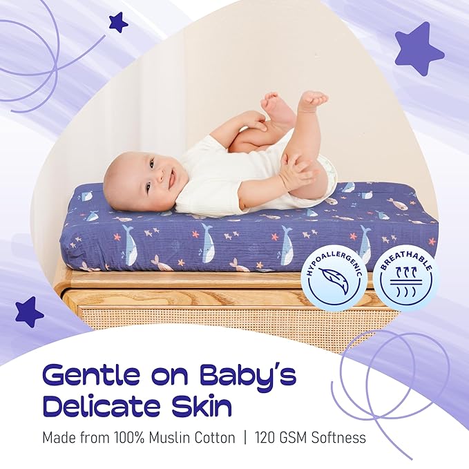 100% Muslin Changing Pad Cover Ultra Soft, Breathable, Secure Fit, Fade-Resistant Prints for Boys and Girls (Pack 2)