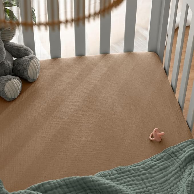 Comfy Cubs 100% Muslin Cotton Fitted Crib Sheet - Soft, Standard & Breathable Crib Sheets for Toddler Mattress - Snug Fit, Secure Elastic with Beautiful Packaging for Boys & Girls - Cedar