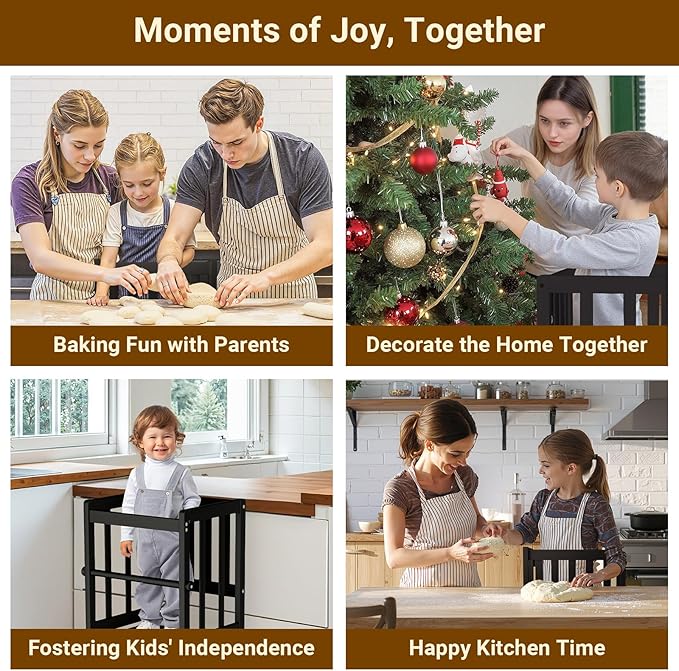 COSYLAND Kitchen Step Stool for Toddlers – Stable A-Frame Design Kids Standing Tower with Protective Crossbar – Wooden Learning Stool for Kitchen Island Counter, Bathroom (Black)