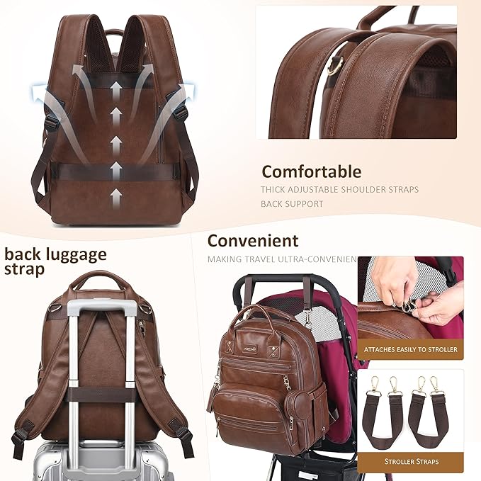 Premium Vegan Leather Diaper Bag Backpack with Waterproof Changing Pad, Reinforced Zippers & Odor-Free,20 Pockets Pro Organizer, Fits 15.6" Laptop, Stroller Straps, Baby Bag for Mom,Dark Brown