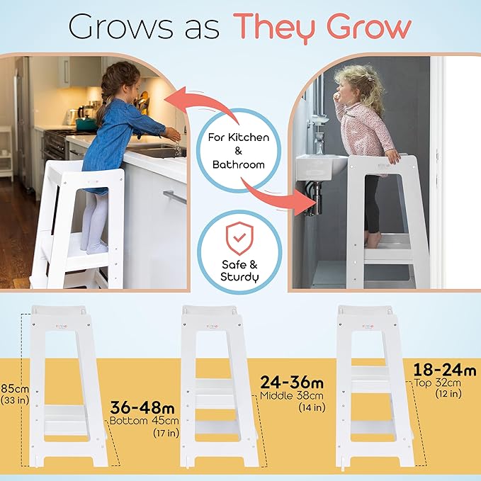 Stepup Baby Toddler Step Stool - Adjustable Height Kids Helper Step Stool, Durable, Non-Slip & Bathroom Sink, Platform for Kitchen, Toddler Tower for Exploration and Growth - White