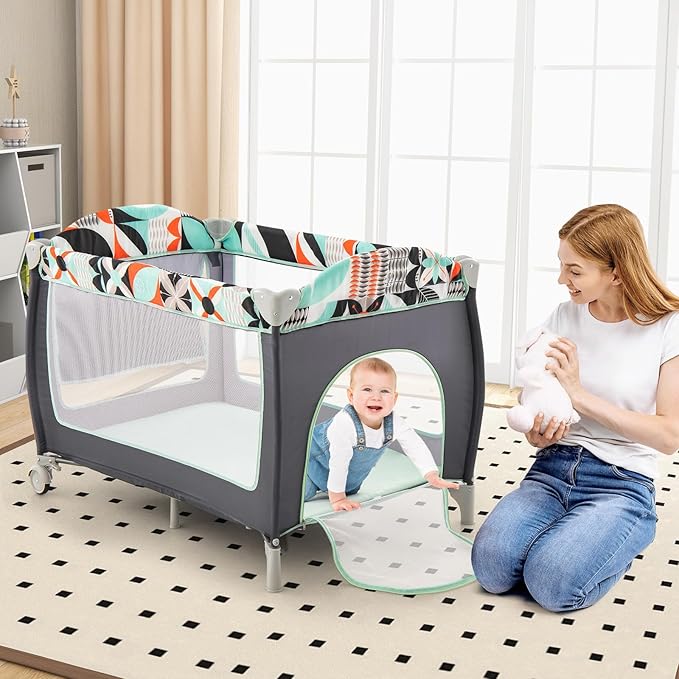 HONEY JOY Pack and Play, 4 in 1 Portable Baby Crib Playpen w/Bassinet, Changing Table, Storage Bag, Hanging Toys, Mattress, Foldable Pack and Play Nursery Center for Infant Boys Girls (Blue)