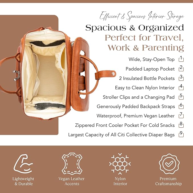 Citi Collective Explorer Brown Diaper Bag Backpack - Vegan Leather Diaper Bag with Shoulder Strap, Insulated Bottle Pockets, Changing Pad, Stroller Clip- Versatile Diaper Bag for Baby