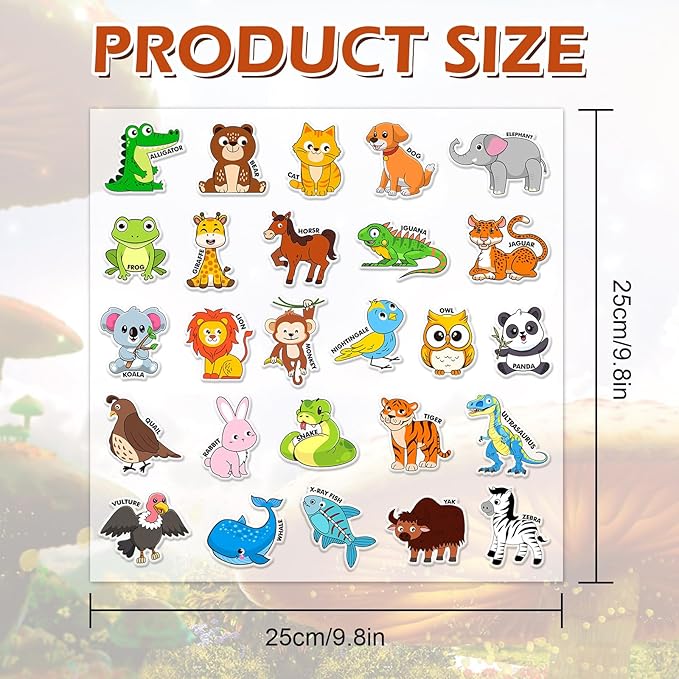 Whaline 2 Sheets Animal Alphabet Thick Gel Clings Cute Cartoon 26 A-Z Letters Animal Reusable Window Decals for Educational Spelling Learning Home Classroom Nursery Decor