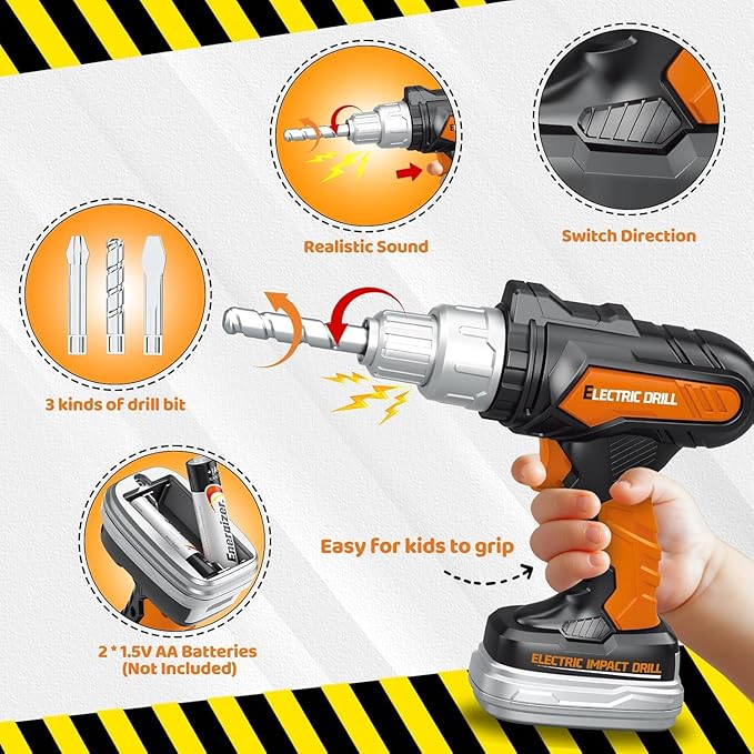 Kids Tool Set with Portable Tool Box & Electronic Toy Drill, Toddler Tool Set,Tool Play Toys Construction Tools for Kids Ages 3 4 5 6, Christmas & Birthday Gifts for Boys