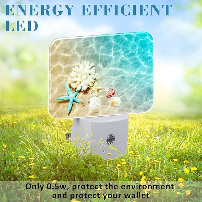 Starfish Coral and Seashell Plug in Night Lights, Beach in Sea Water Nightlight Plug Into Wall Dusk to Dawn Sensor for Kid Girls Boys Women Men Room, Hallway, Kitchen, Bathroom, Stairs Decor