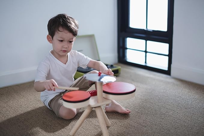 PlanToys Musical Band Toddler Drum Set Sustainably-Made with 2 Different-Sized Drums, Pair of Rubber-Coated Drumsticks, Cymbal, and Guiro to Explore Creativity