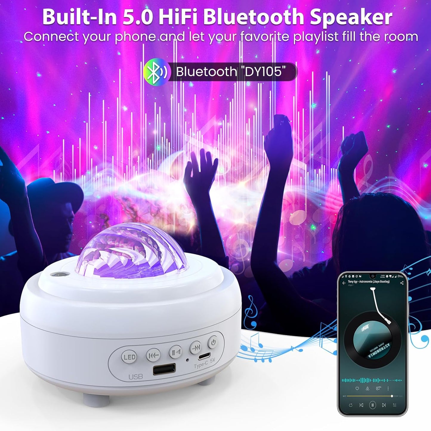 Galaxy Projector with Bluetooth Speaker, Night Light Star Projector for Bedroom, 8 Modes Northern Lights Aurora Projector with Moon, Mood Ambient Lighting for Kids Adults Room, Cord Powered