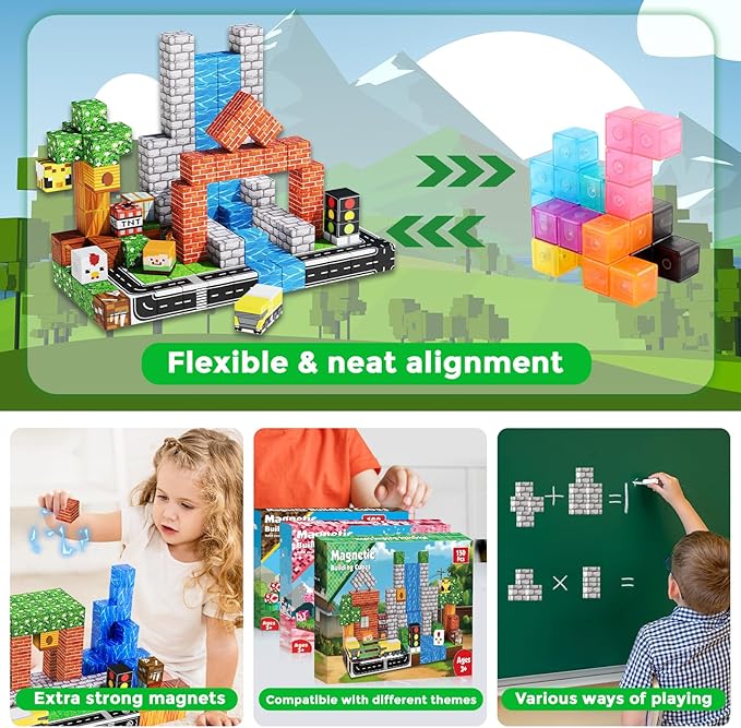 150 PCS Magnetic Blocks - Building Block for Kids Ages 4-8, Magnet Blocks Cubes Tiles Constructions Toys Girl Boy, STEM Educational Montessori Stacking Toy, Sensory Play Game Preschool Learning Gifts