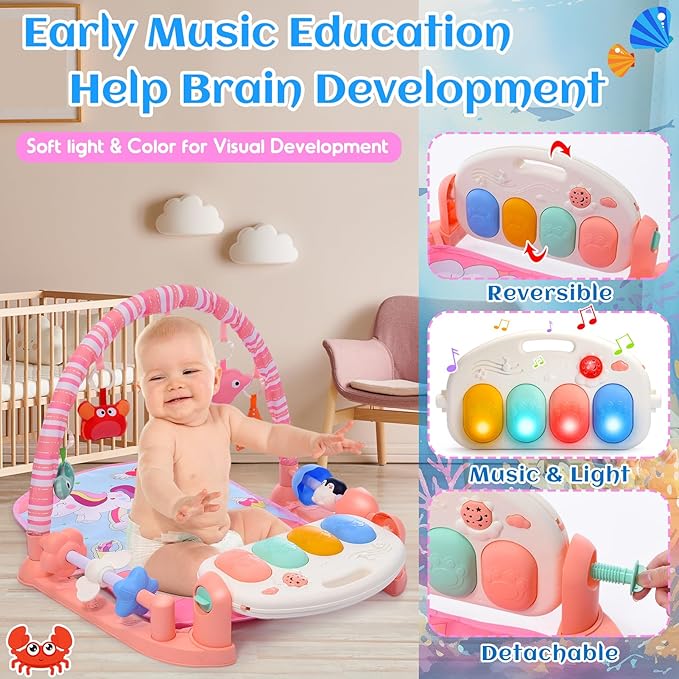 Baby Gyms Play Mats with Tummy Time Water Mat, Baby Activity Mat Play Piano Gym with 5 Sensory Toys for Babies, Music and Lights Boy & Girl Gifts for Infant Newborn Babies 0-3 4-6 6-9 6-12 Months