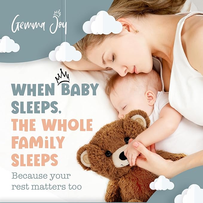 Gemma Joy Baby Sleep Soother Brown Bear for Baby – Cry Activated Heartbeat Stuffed Animal – Rechargeable Crib Soother with White Noise, Shush, Lullabies & Night Light – Newborn Essentials Must Haves
