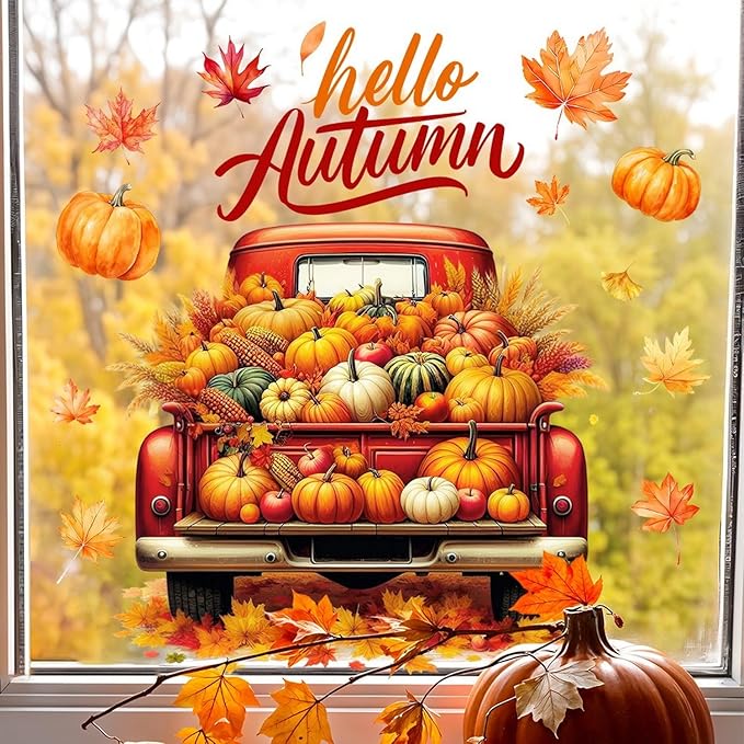 1 Sheet Autumn Window Clings Stickers Fall Maple Leaves and Truck Designs Double-Side Static Fall Window Glass Decals DIY Pumpkin Window Stickers for Home, Office, Classroom Decor Supplies