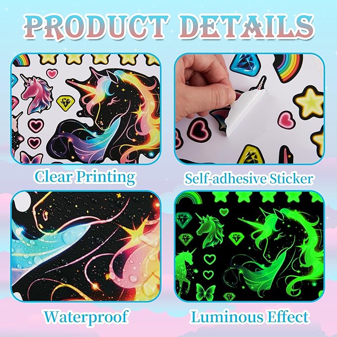 Glow in The Dark Unicorn Wall Decals, Neon Fantasy Rainbow Unicorn Wall Stickers for Girls Room, Colorful Diamond Star Love Room Decor, Baby Girl Boy Bedroom Ceiling Nursery Decoration
