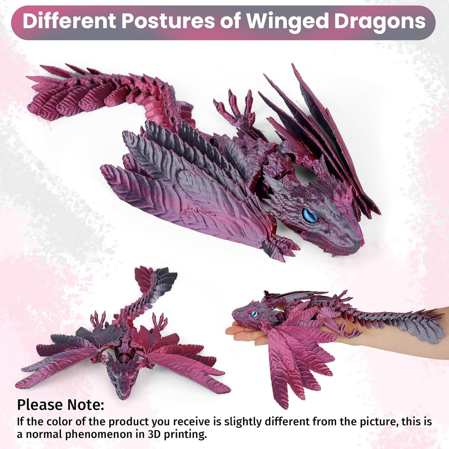 3D Printed Dragon with Wings, Feathered Wyvern Dragon,Full Articulated Crystal Dragon Fidget,Realistic Large Pet Dragon, Flexible Shoulder Dragon Stuff, 3D Printed Animals Toy.