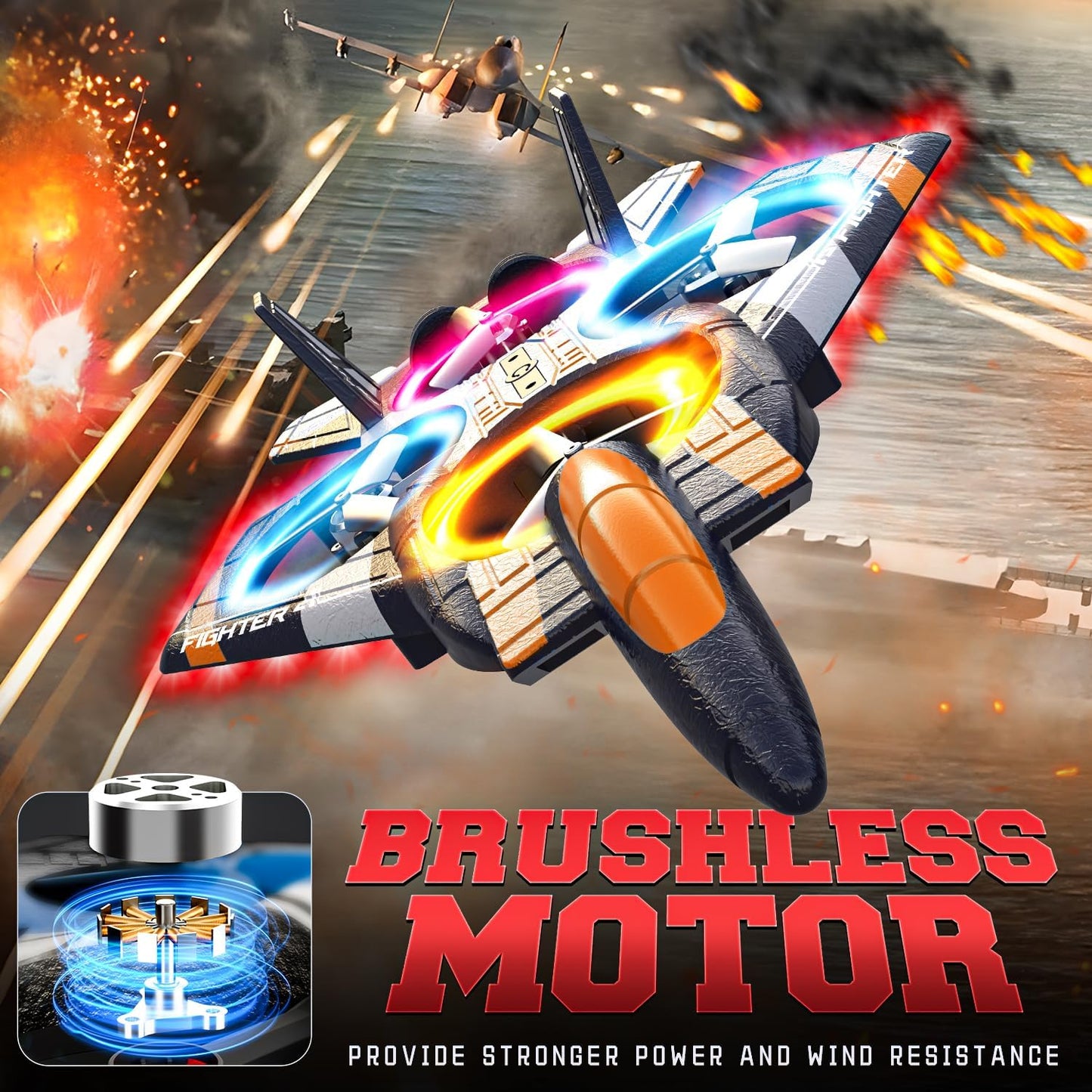 BEZGAR RC Plane for Kids | 2.4GHZ Brushless Drones with Camera, 6-axis Gyro Remote Control Airplane, 360° Flip Fighter Jet Toy, Toys for Ages 8+ with Colorful LED Navigation Lights Orange