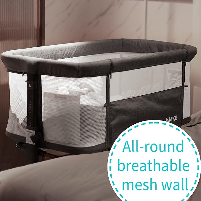 AMKE Baby Bassinet Bedside Sleeper, Portable Bassinet with Wheels, 6-Height Adjustable & Fold Down Side, Full Breathable Mesh Bedside Crib for Baby with Mattress Pad, Easy to Install, Dark Grey
