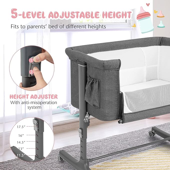 BABY JOY Bassinet Bedside Sleeper, 3 in 1 Folding Crib w/Adjustable Height, Mattress, Lockable Wheels, Storage Pocket & Carry Bag for Infant Newborn, Stationary & Rock, Portable Baby Bassinet (Grey)