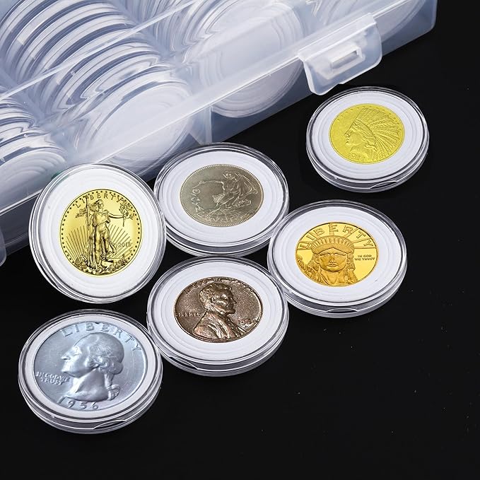 100Pcs 30mm Coin Holders with 5-Size Foam Gasket, Plastic Coin Capsules for Collectors, Clear Coin Case with Storage Organizer Box for Coin Collection Supplies, White Gasket 17/20/25/27/30mm