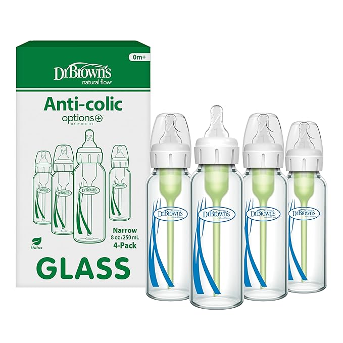 Dr. Brown's Anti-Colic Options+ Narrow Glass Baby Bottle with Level 1 Slow Flow Nipple, BPA-Free, 8 oz/250 mL, 4-Pack