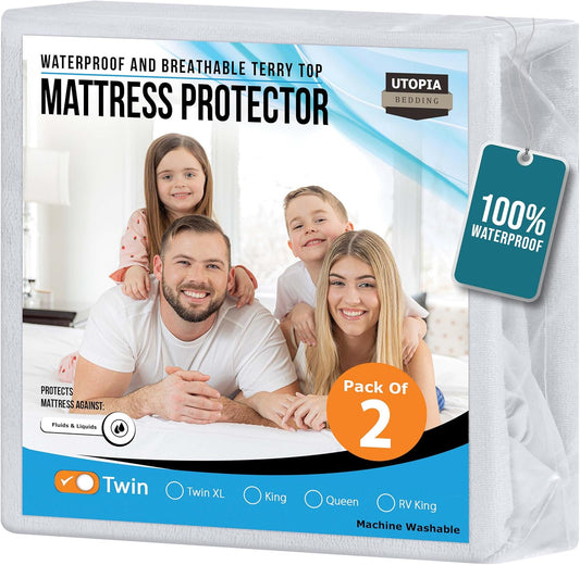 Utopia Bedding Waterproof Mattress Protector Twin Size 2 Pack, 200 GSM Breathable Terry Mattress Cover, Fitted Style with Stretchable Pockets (White)