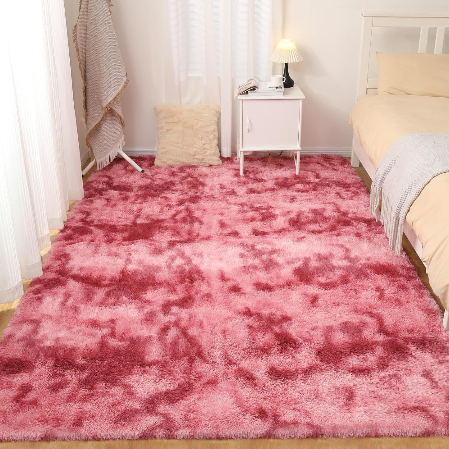 4x5.8 Area Rug, Fluffy Rugs for Living Room, Plush Carpet Rugs for Bedroom, Non-Slip Indoor Rug for Nursery, Study Room, Playroom, Home Decor, Tie-Dyed Dark Pink