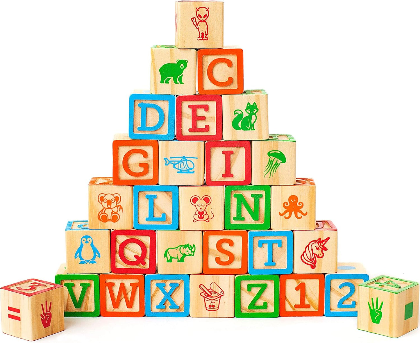 Building Blocks for Toddlers 1-3 Years Old, 30 Large Stackable Wooden Baby Blocks with Alphabet and Number Icons on Every Side, Toy Wagon Included﻿