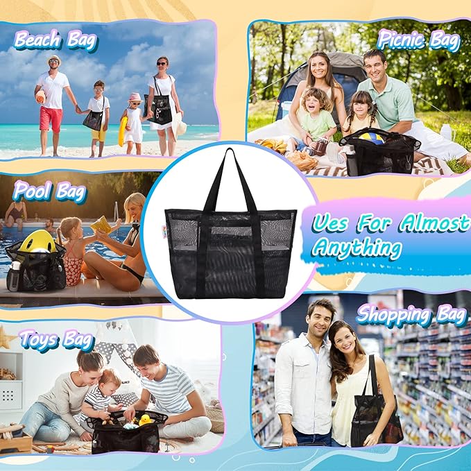 Tagitary Mesh Beach Bag with Zipper Large Beach Tote Waterproof Sandproof with 8 Pockets for Toys Pool Bag Beach Accessories