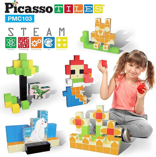 PicassoTiles 103 Pieces 1" Magnetic Toy Building Block Cubes Building Block, 3D Cube Construction Cubes Magnet Sensory Toys Gifts Educational with Free Idea Book for Kid, Boy, Girl & Toddler PMC103