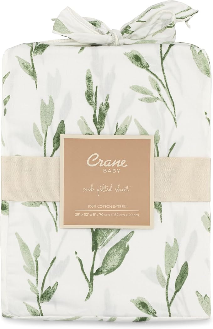 Crane Baby 100% Cotton Sateen Crib Sheet, Fitted for Cribs and Toddler Beds, Baby Crib Sheets, Baby Bedding for Boys and Girls, Green Leaf