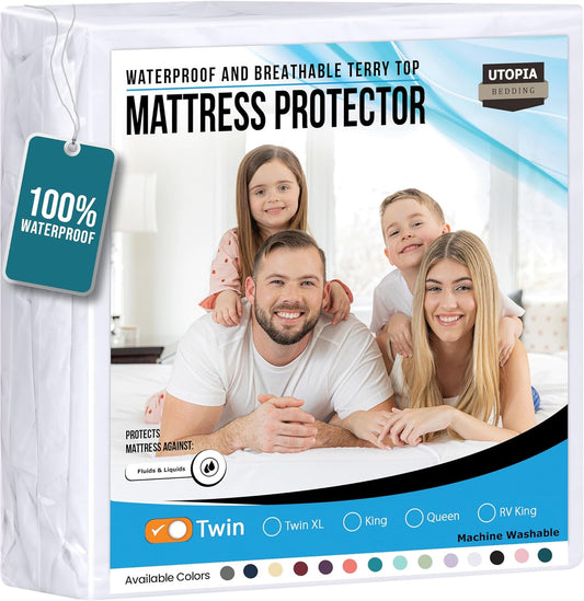 Utopia Bedding Waterproof Mattress Protector Twin Size, Premium Terry Mattress Cover 200 GSM, Breathable, Fitted Style with Stretchable Pockets (White)