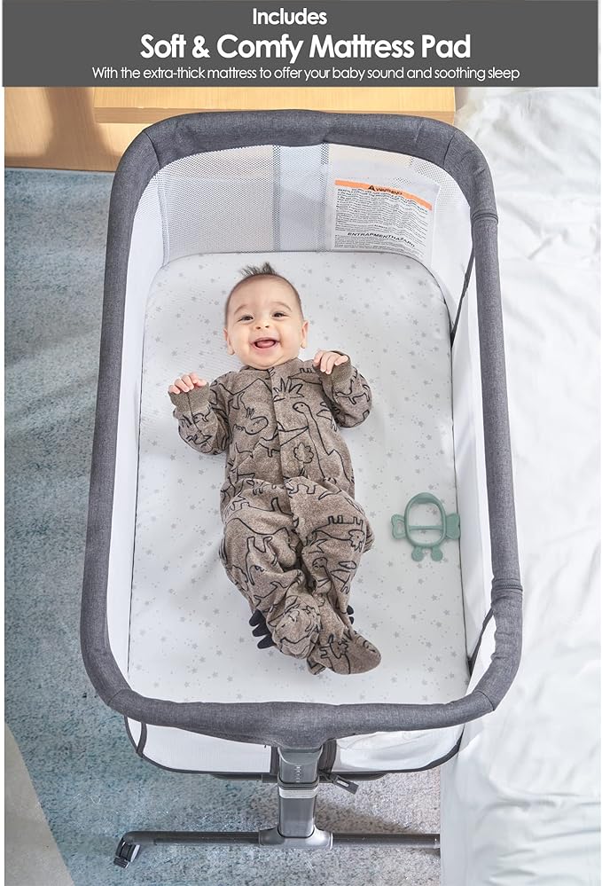 Baby Bassinet Bedside Sleeper with Wheels,Easy Folding Lightweight Crib for Baby/Infants,Breathable Mesh and Adjustable Height - Grey