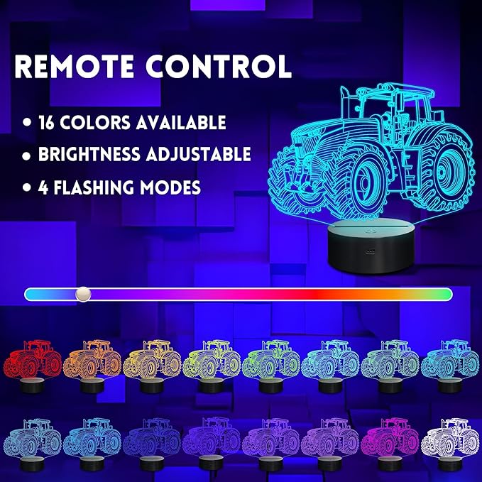 Tractor Night Light, Truck 3D Illusion Optical Hologram LED Lamp with 16 Color Changing, Remote Control, Timer, Table Bedroom Decor Creative Chrismas Birthday Gift for Kids Boys Grandson Men