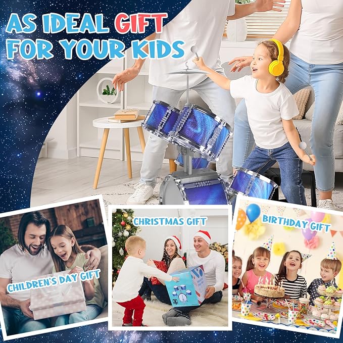 Kids Drum Set for Toddlers 1-3 Musical Jazz Drum with Stool Toys for 2-5 4-6 5-7 Boys Girls Birthday, Blue