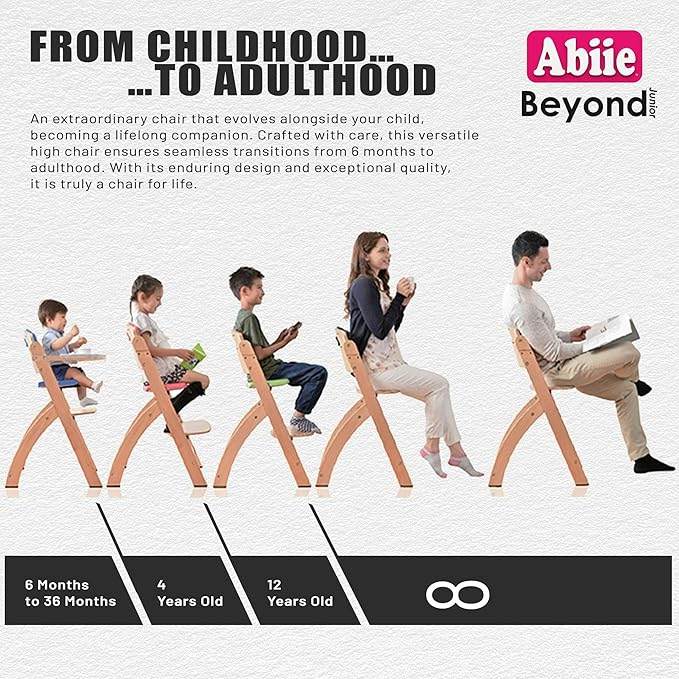 Abiie Beyond Junior Wooden High Chair with Tray - Adjustable and Convertible High Chair for Babies and Toddlers - 6 Months to 250 Lb - Water Resistant - Natural Wood/Raspberry Cushion