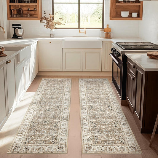 jinchan Runner Rug 3x8-2pcs Kitchen Washable Vintage Hallway Rug Floral Print Floor Cover Indoor Thin Retro Mat Accent for Bathroom Laundry Room Bedroom Office Farmhouse (Double,Taupe)