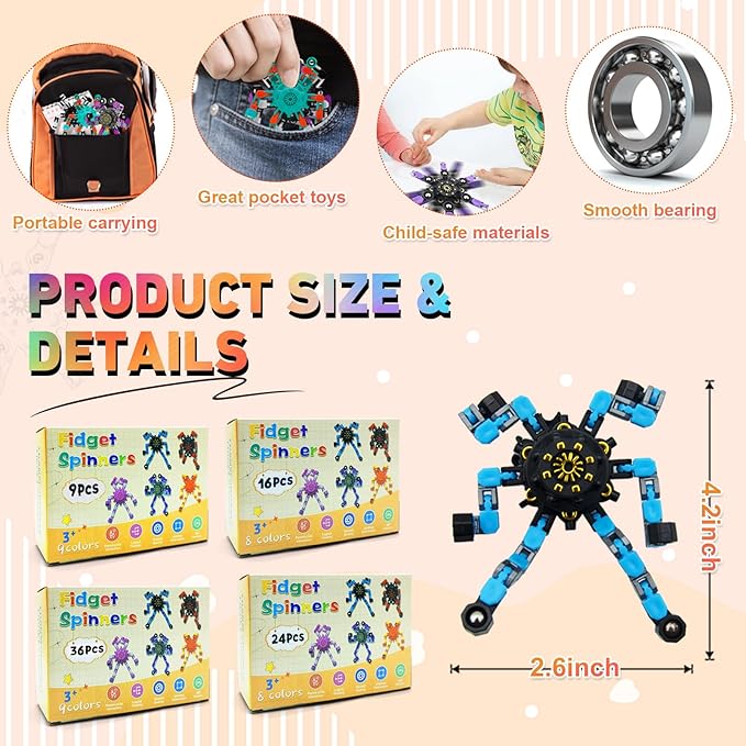 Transformable Fidget Spinners,Funny Stress Relief Sensory Fidget Toys,Deformable Chain DIY Robot Fingertip Gyros Toys Birthday Party Favors Easter Basket Stocking Stuffers for Kids and Adults (36PC)