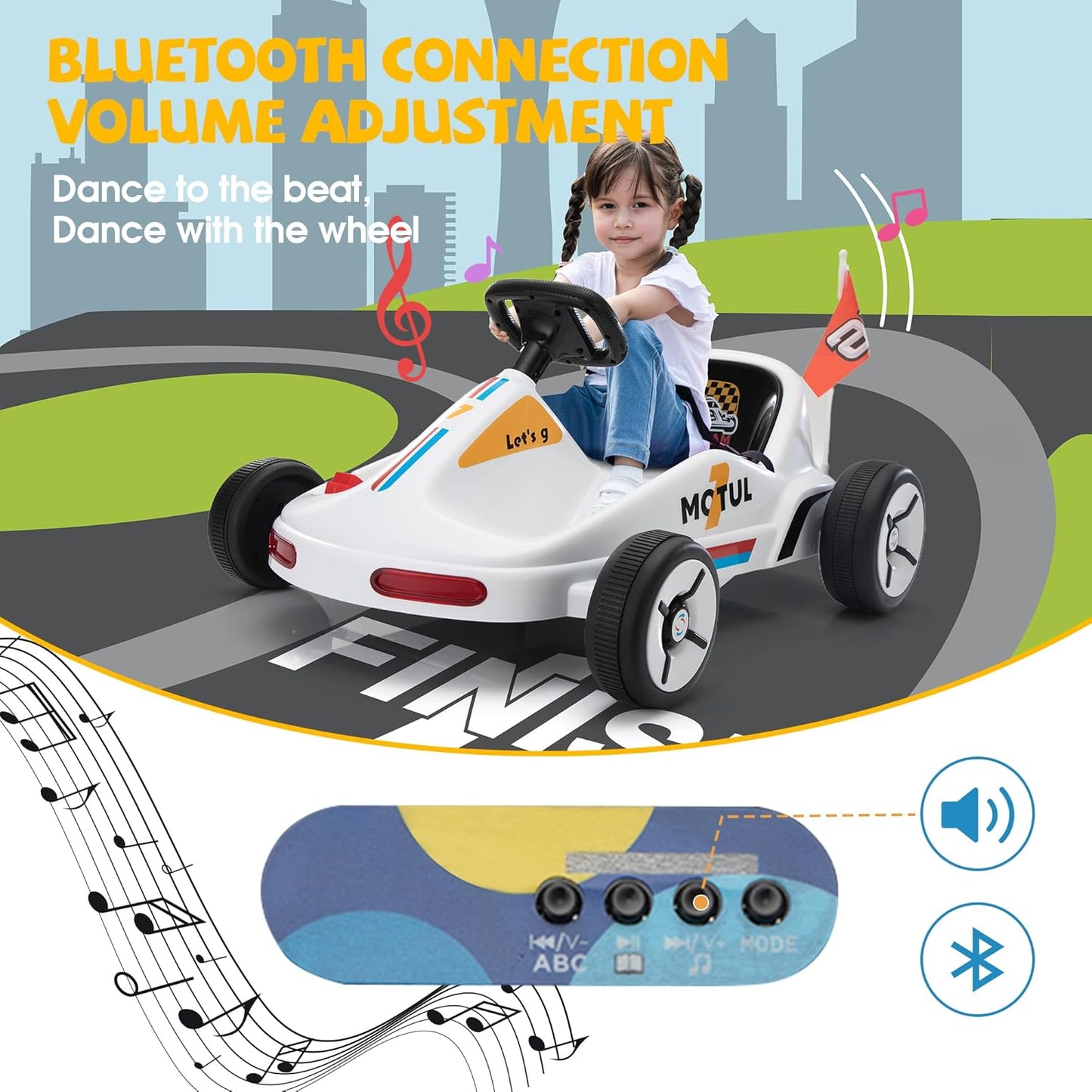 TOBBI 12V Electric Go Kart for Kids Battery Powered Ride on Car Outdoor Race Toy with Remote Control, Safety Belt, Music, LED Lights and Flags for Toddlers 3-8 Years, White