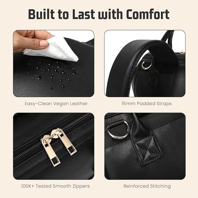 Premium Vegan Leather Diaper Bag Backpack with Waterproof Changing Pad – Reinforced Stitching & Zippers, Baby Bag for Boy Girl, Stroller Straps, Ergonomic Design for Traveling Moms, Black